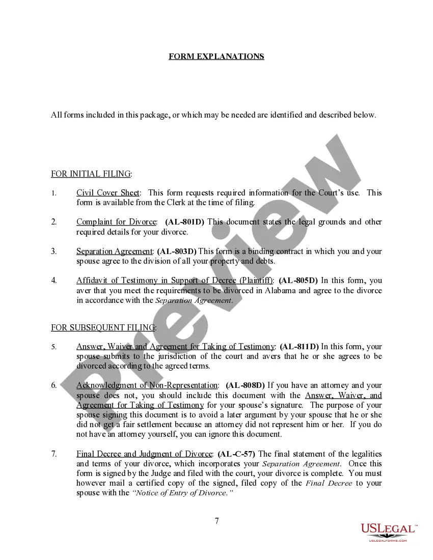 Preview Alabama No-Fault Agreed Uncontested Divorce Package for Dissolution of Marriage for Persons with No Children with or without Property and Debts
