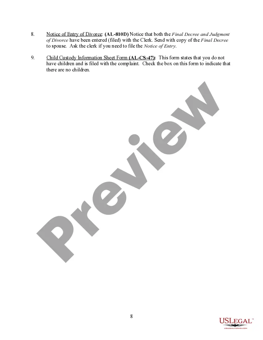Preview Alabama No-Fault Agreed Uncontested Divorce Package for Dissolution of Marriage for Persons with No Children with or without Property and Debts