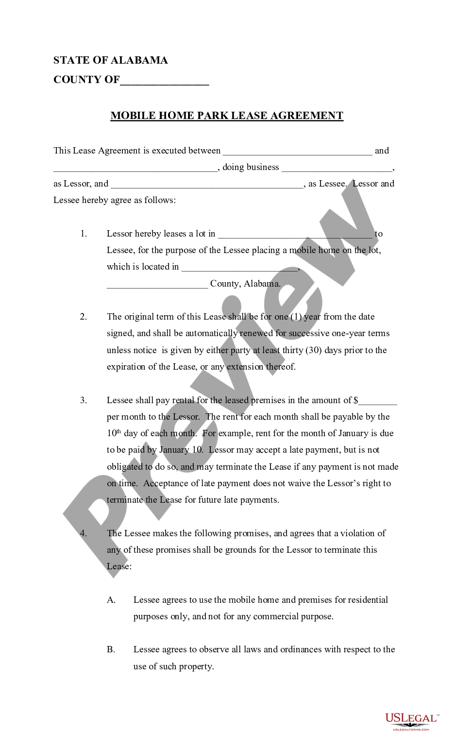 page 0 Mobile Home Park Lease Agreement preview