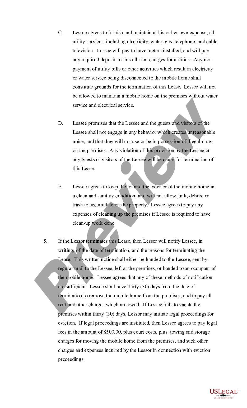 page 1 Mobile Home Park Lease Agreement preview