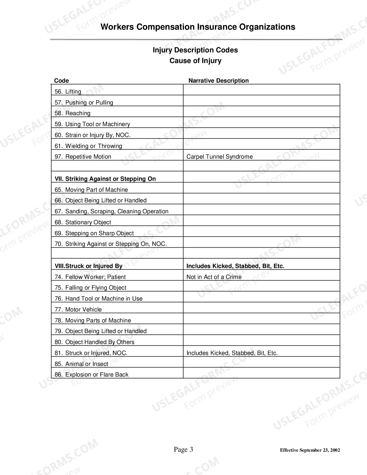 Preview WC Cause of Injury Codes
