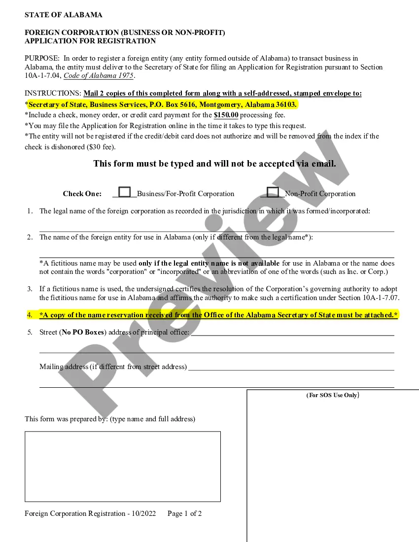 Get Alabama Registration of Foreign Corporation Preview Alabama Registration of Foreign Corporation