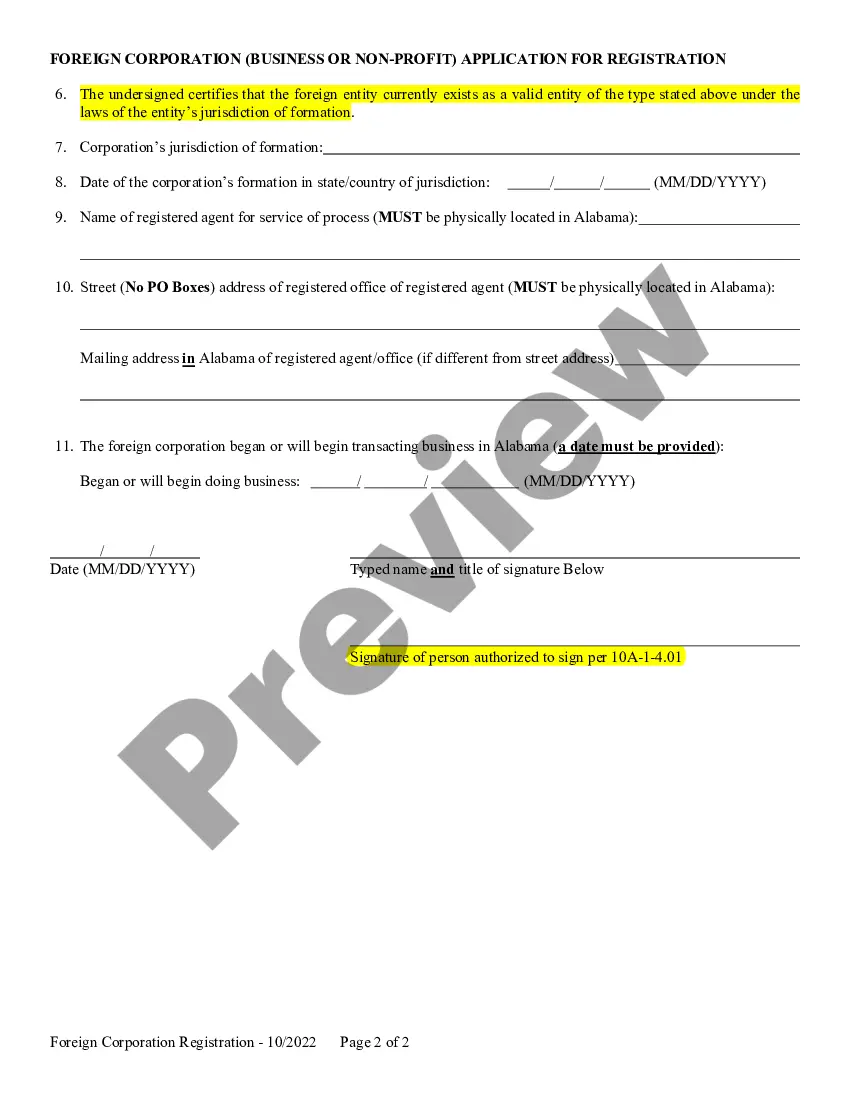 Get Alabama Registration of Foreign Corporation Preview Alabama Registration of Foreign Corporation