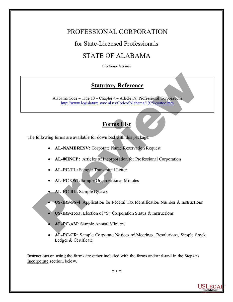 page 1 Professional Corporation Package for Alabama preview