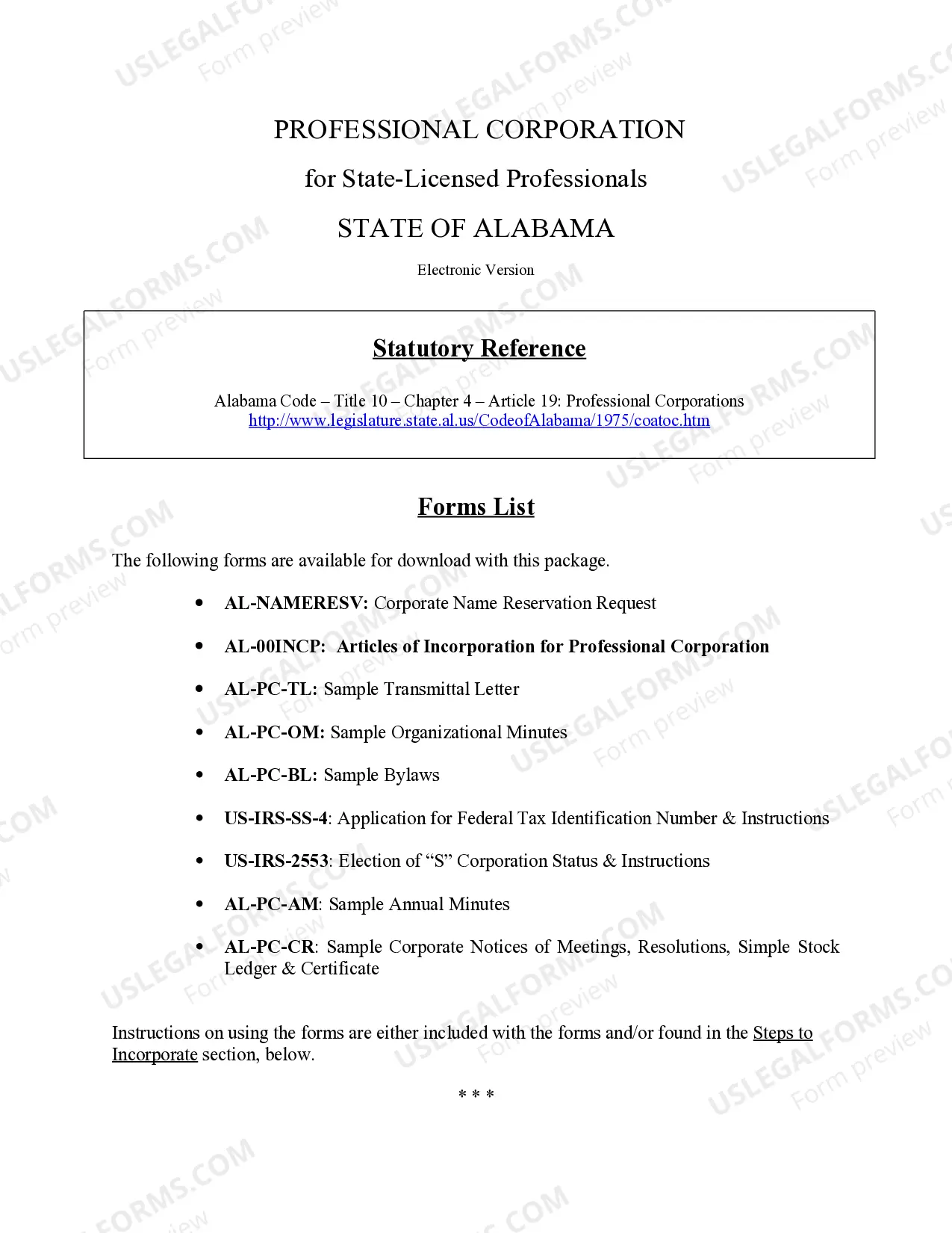 Preview Alabama Professional Corporation Package for Alabama