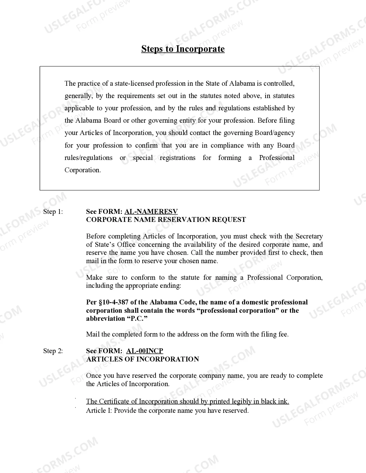 Preview Alabama Professional Corporation Package for Alabama