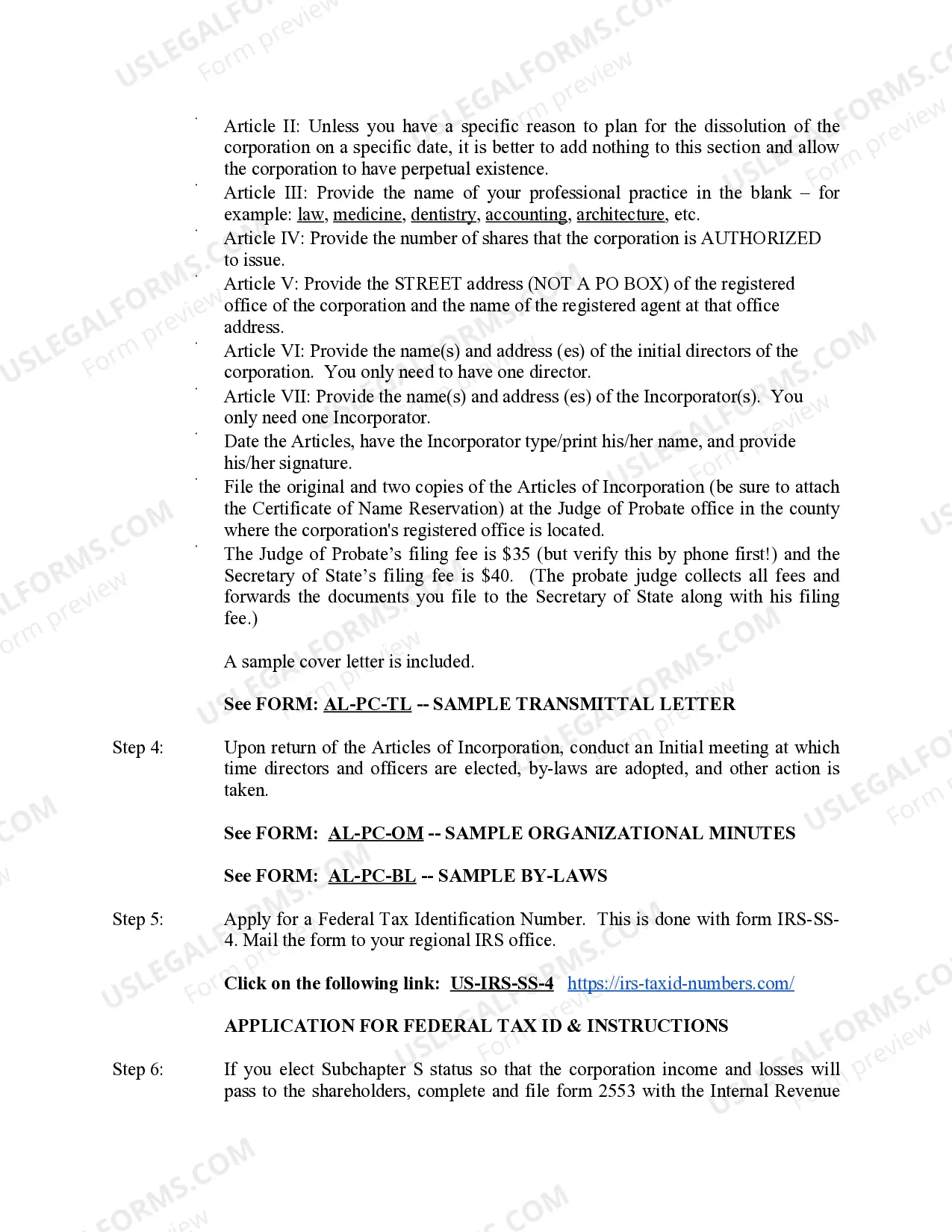 Preview Alabama Professional Corporation Package for Alabama