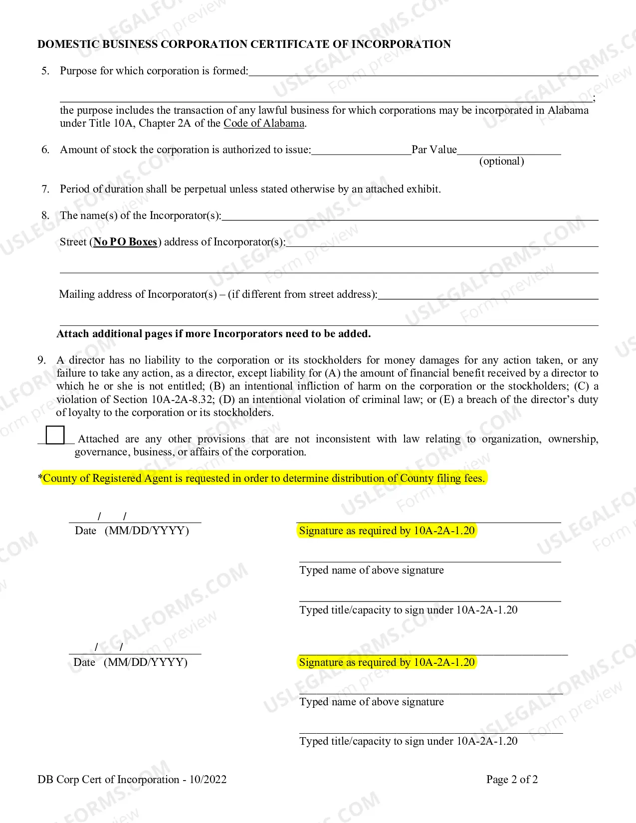 Preview Alabama Articles of Incorporation for Domestic For-Profit Corporation