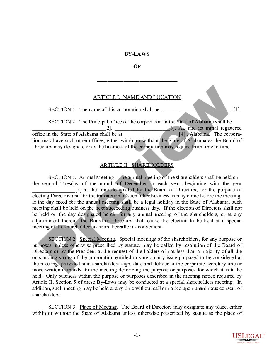 page 1 Alabama Bylaws for Corporation preview