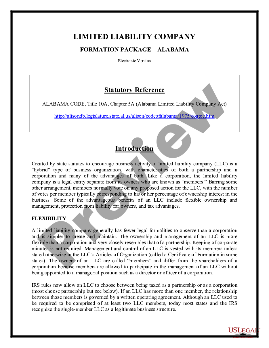 form Alabama Limited Liability Company LLC Formation Package preview