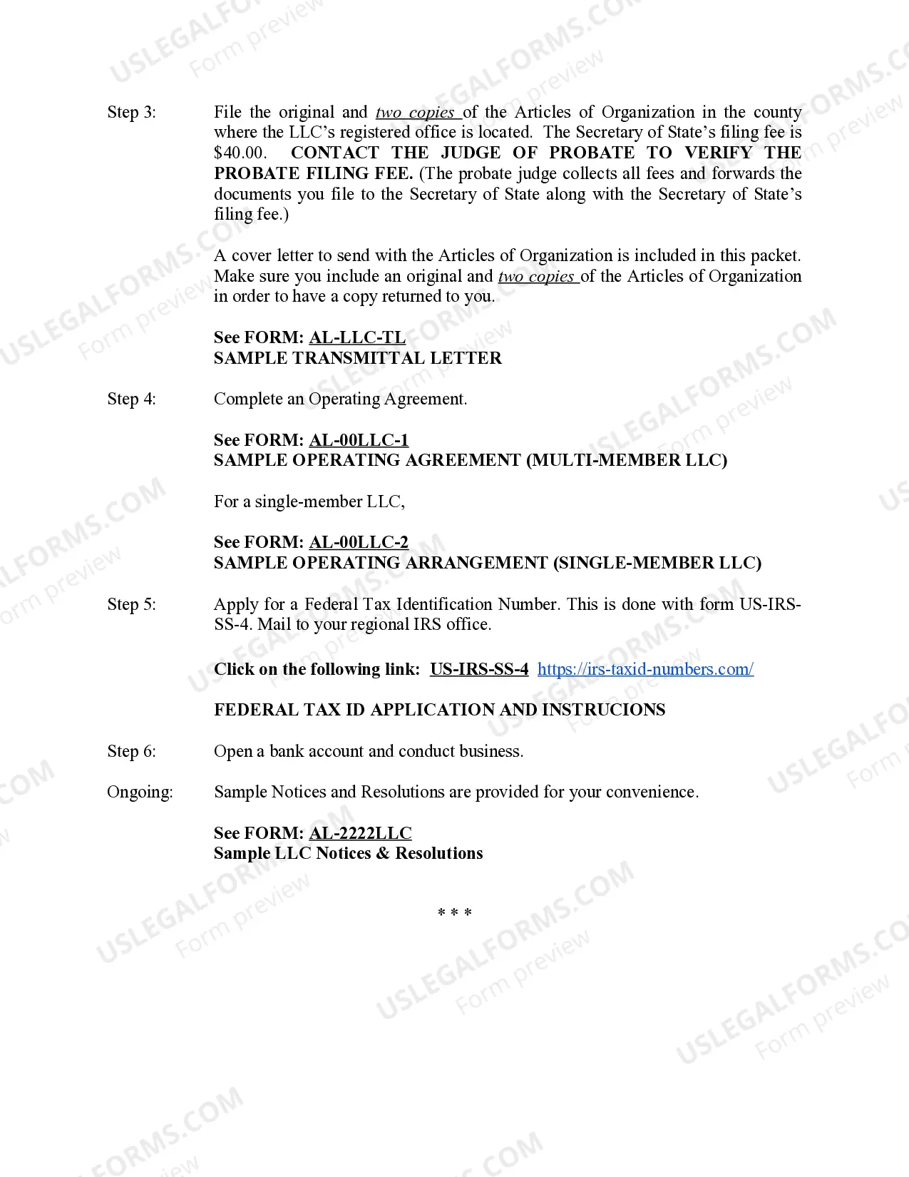 Preview Alabama Limited Liability Company LLC Formation Package