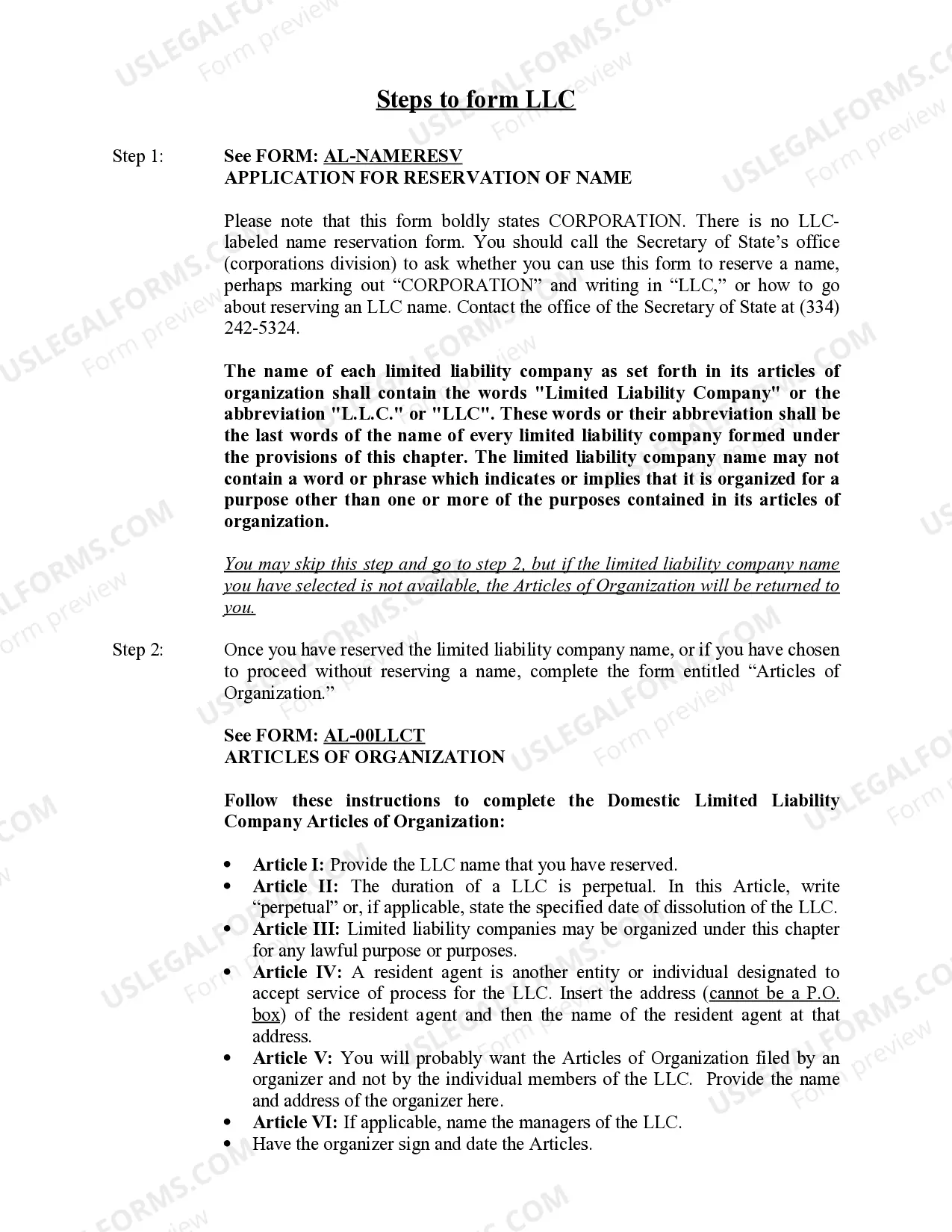 Preview Alabama Limited Liability Company LLC Formation Package