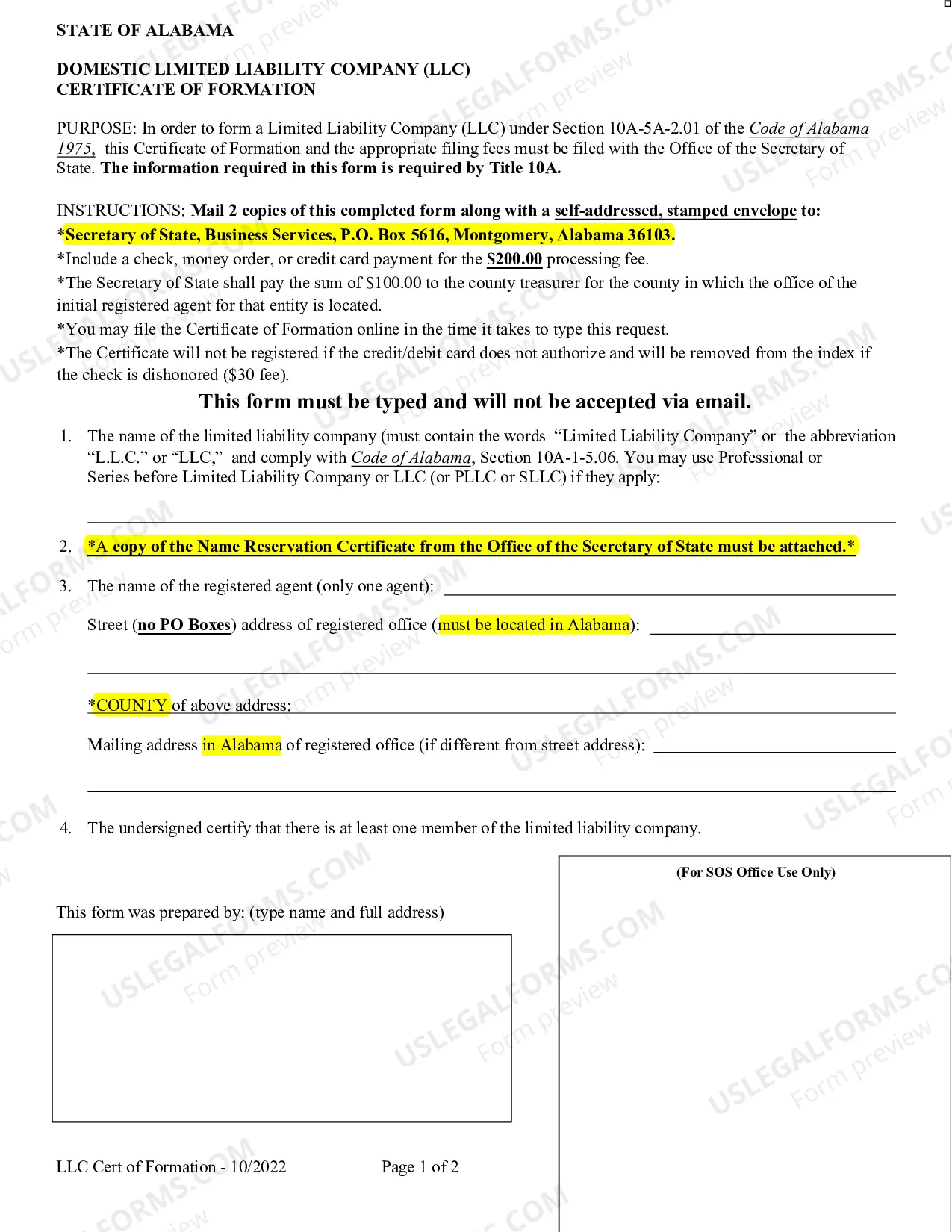 Preview Alabama Professional Limited Liability Company PLLC Formation Package