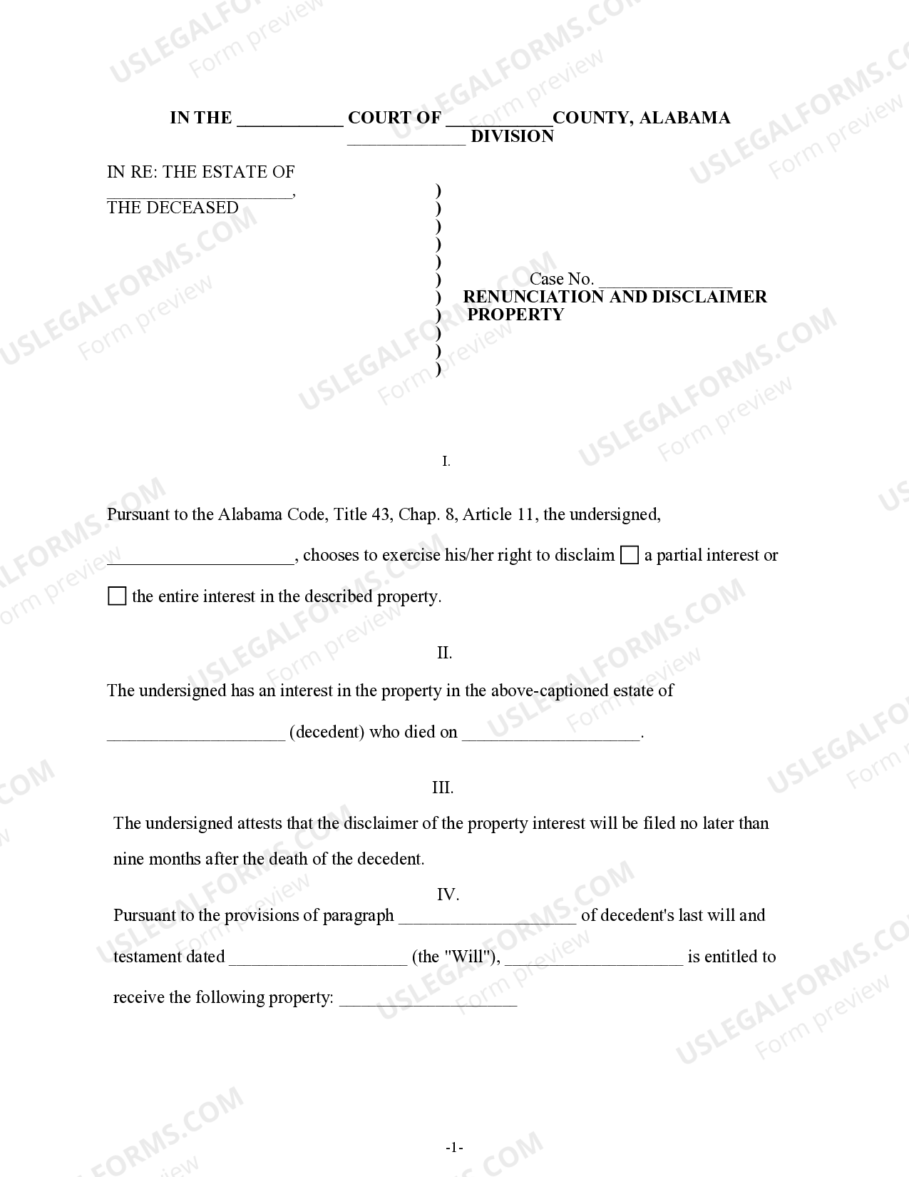Alabama Renunciation and Disclaimer of Property from Will by Testate ...