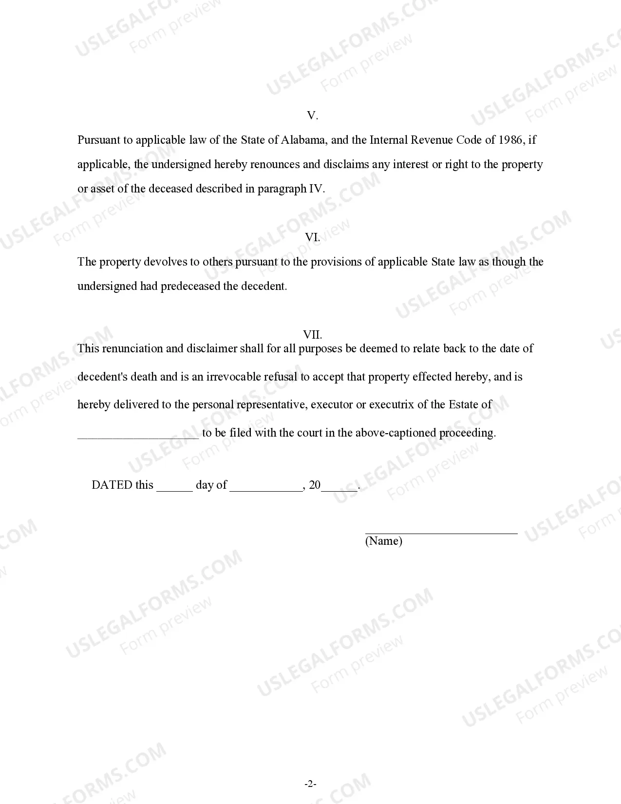 Preview Alabama Renunciation and Disclaimer of Property from Will by Testate