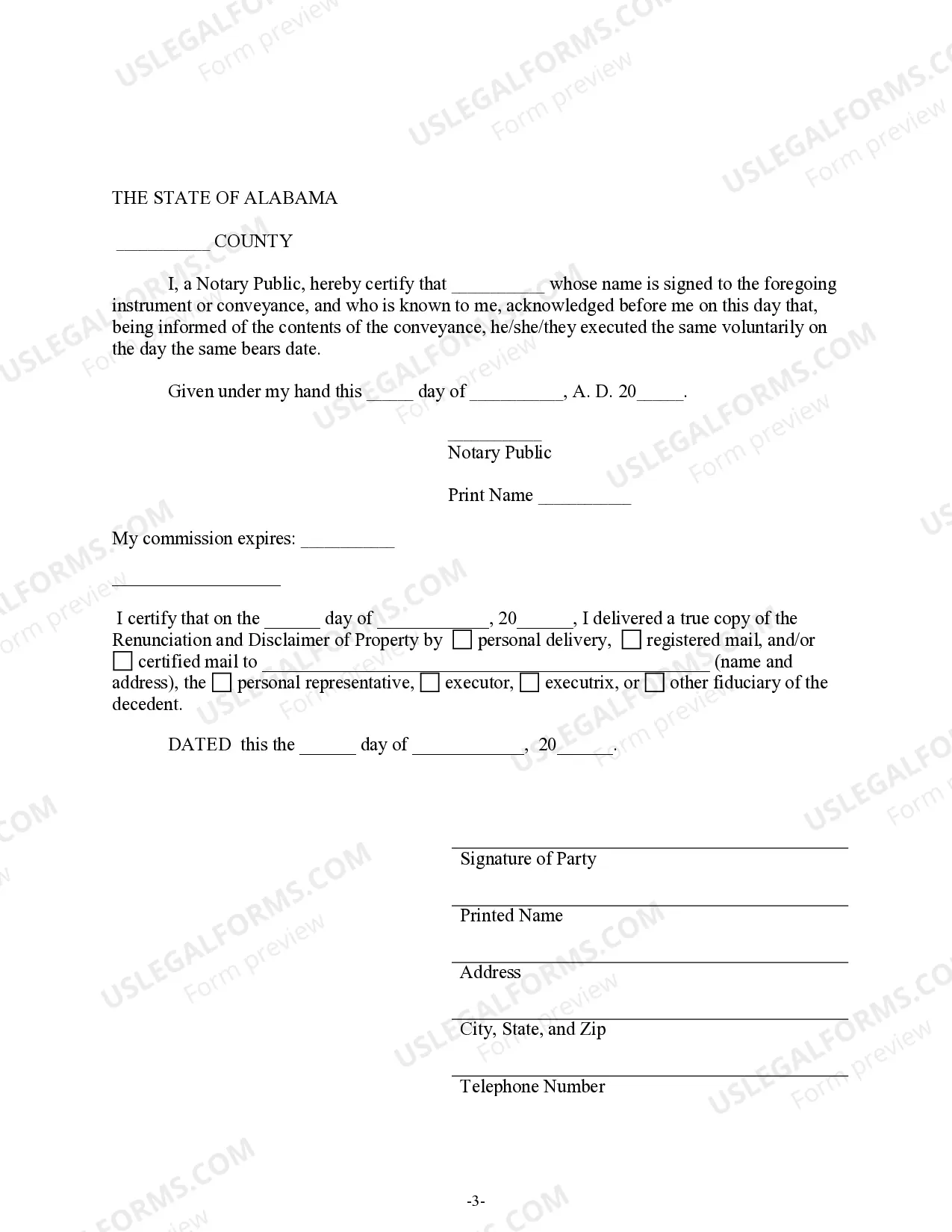 Preview Alabama Renunciation and Disclaimer of Property from Will by Testate