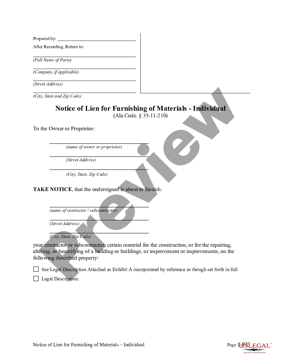 page 0 Notice of Lien for Furnishing of Materials - Individual preview