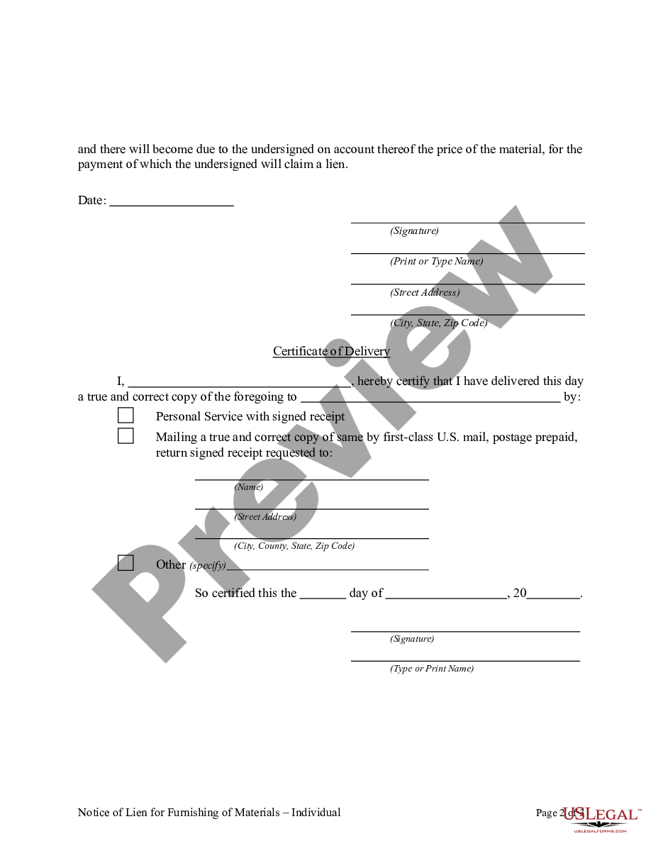 page 1 Notice of Lien for Furnishing of Materials - Individual preview