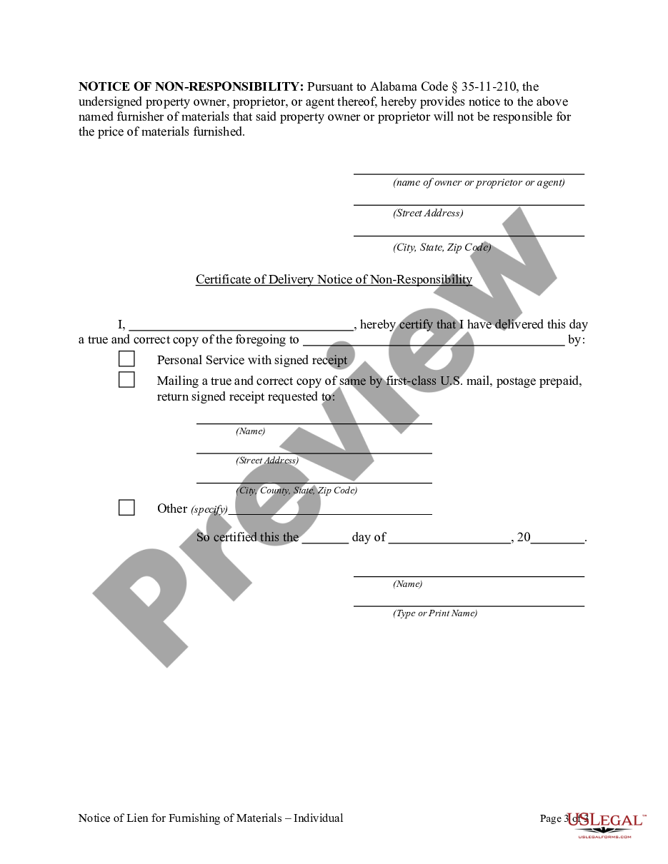 page 2 Notice of Lien for Furnishing of Materials - Individual preview