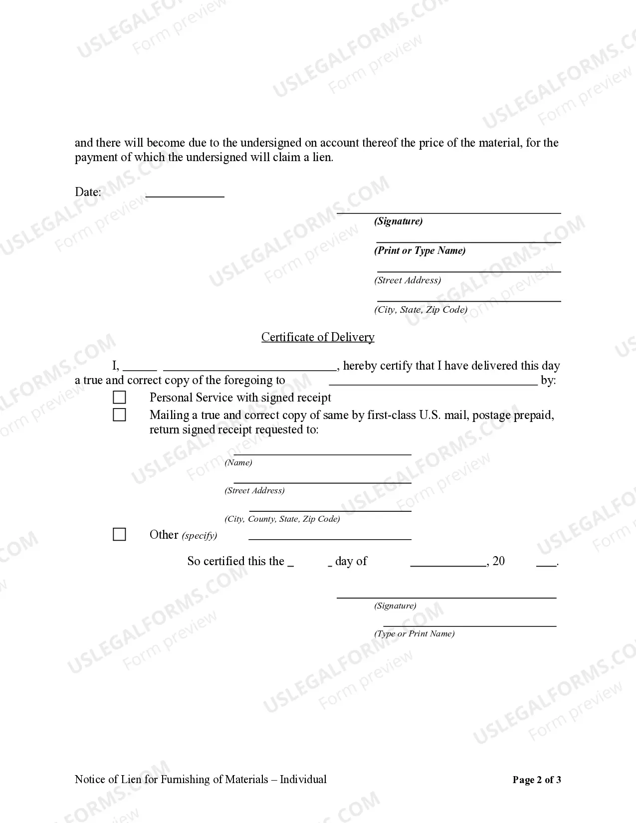 Preview Notice of Lien for Furnishing of Materials - Individual