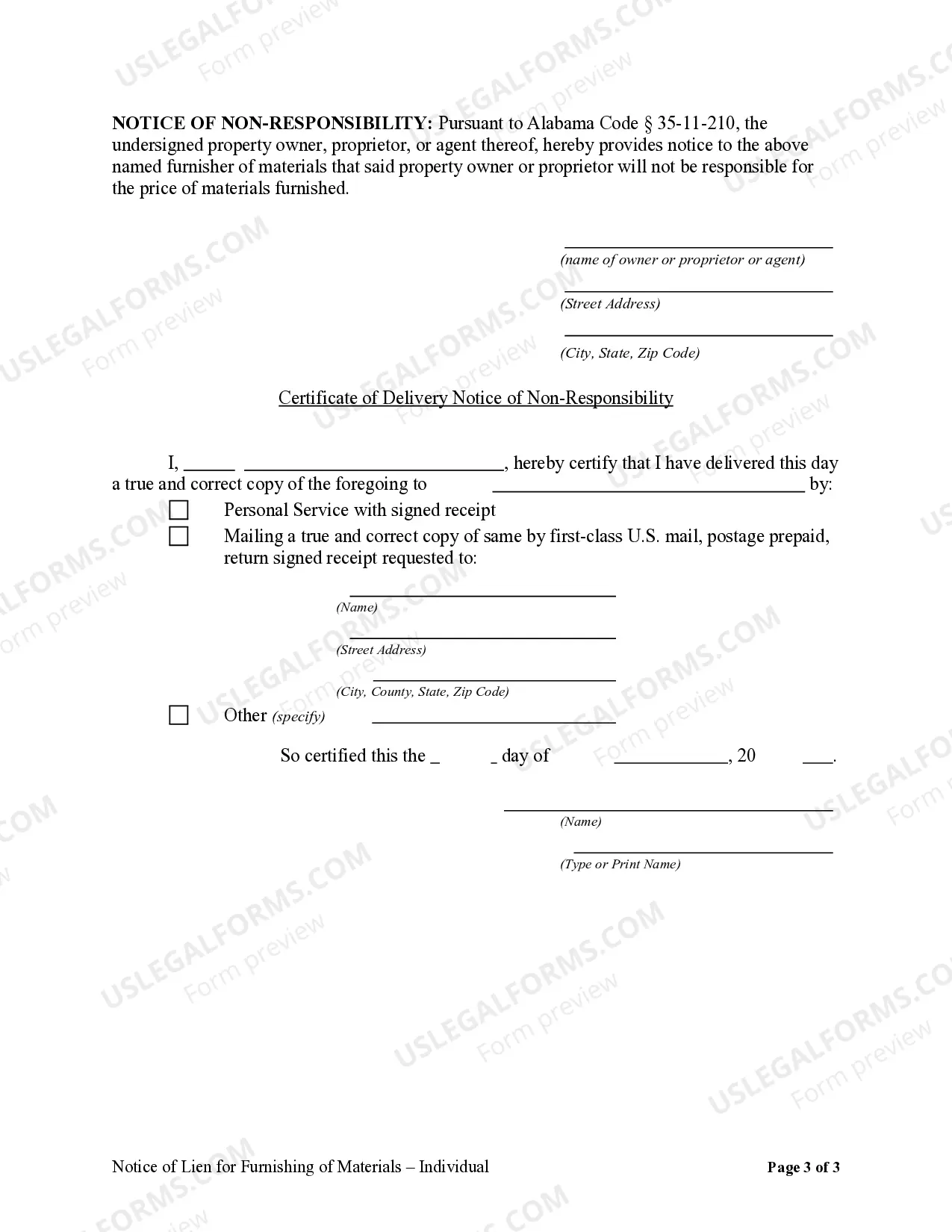 Preview Notice of Lien for Furnishing of Materials - Individual