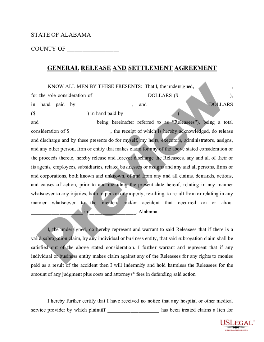 Alabama General Release and Settlement Agreement Al General Release