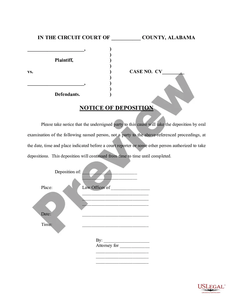 Huntsville Alabama Notice of Deposition Notice Of Deposition US