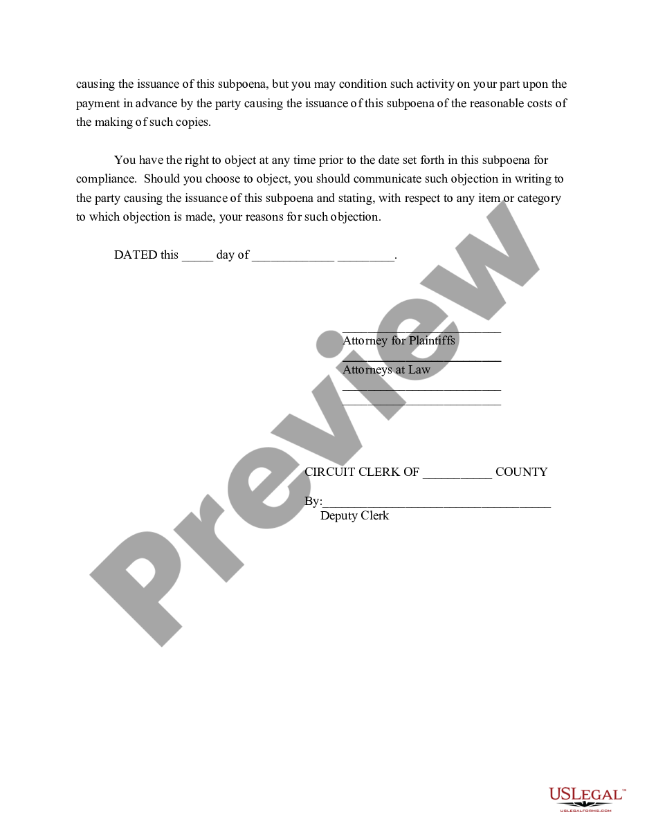 page 1 Subpoena For Production of Documents preview