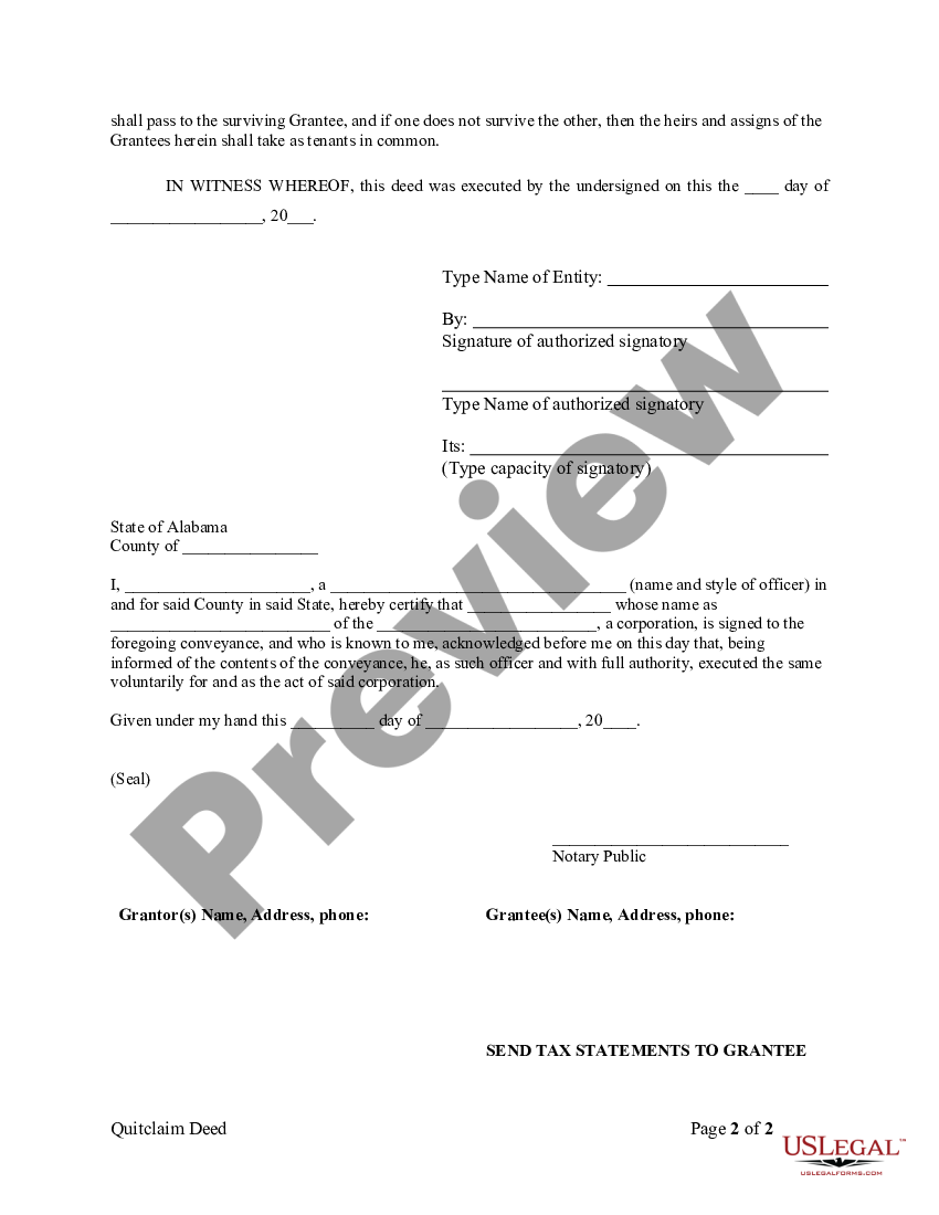 Alabama Quitclaim Deed With Right Of Survivorship Us Legal Forms 7259