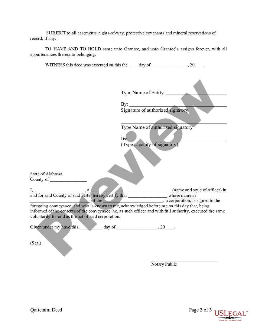 Alabama Quitclaim Deed From Corporation To Individual Us Legal Forms 7424