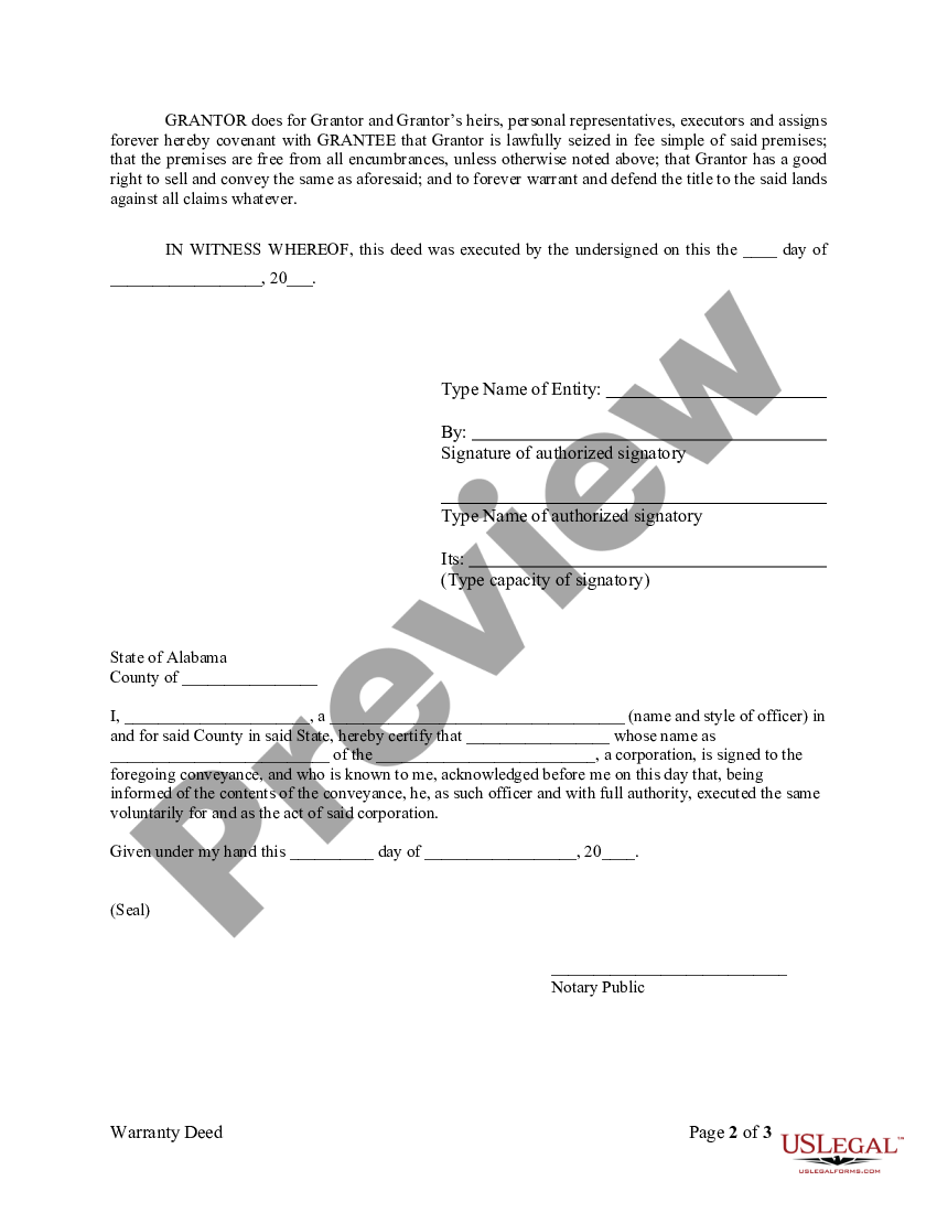 Alabama Warranty Deed from Corporation to Individual - Corporation ...