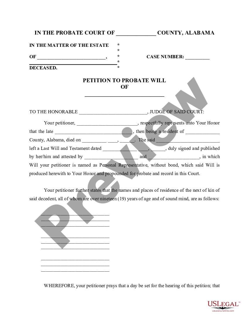 Alabama Petition to Probate Will Alabama Probate Forms US Legal Forms