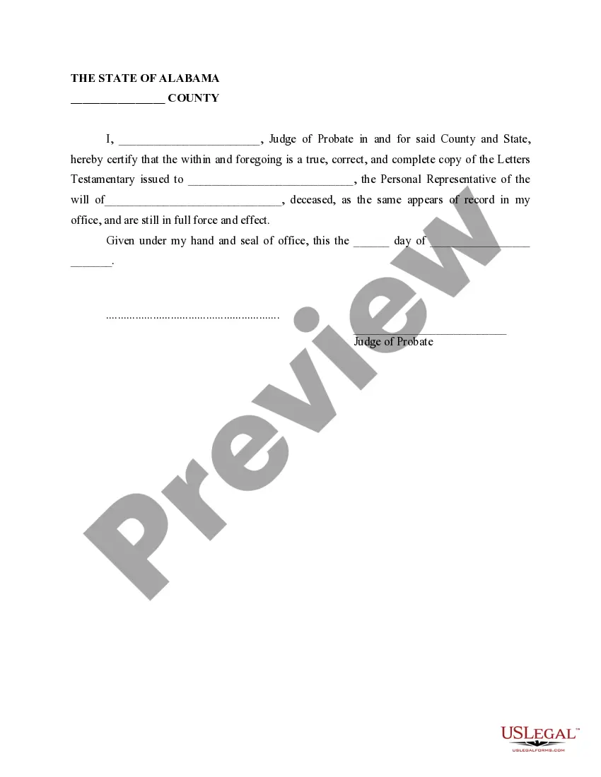 Preview Letters Testamentary with Certificate of Judge