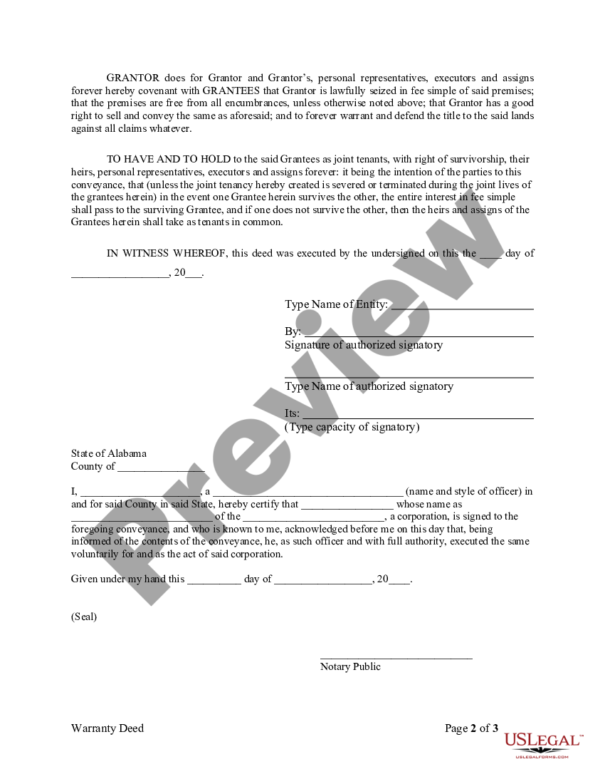 Alabama Warranty Deed from Corporation to Two Individuals - Warranty ...