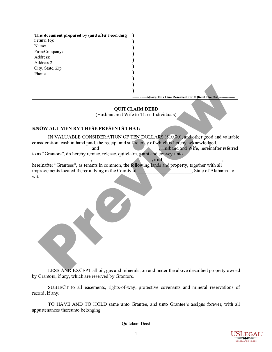 page 0 Quitclaim Deed - Husband and Wife to Three Individuals preview