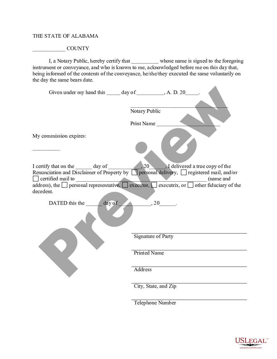 page 2 Alabama Renunciation and Disclaimer of Joint Tenant or Tenancy Interest preview