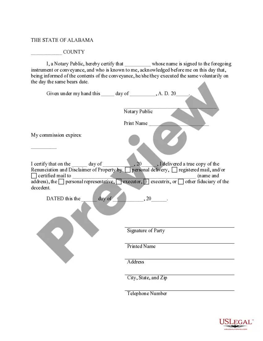 Get Alabama Renunciation and Disclaimer of Joint Tenant or Tenancy Interest Preview Alabama Renunciation and Disclaimer of Joint Tenant or Tenancy Interest