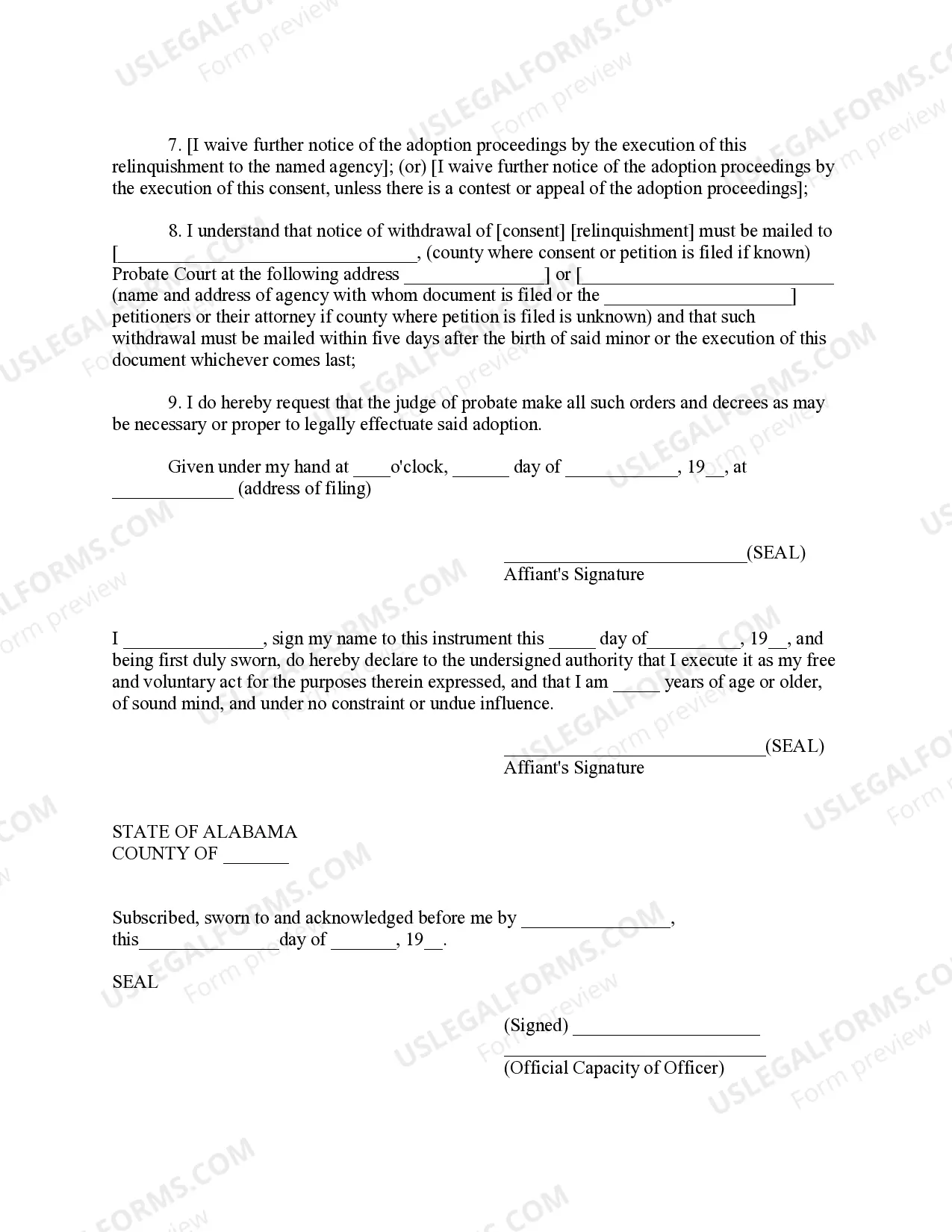 Preview Consent or Relinquishment of Minor For Adoption - Release of Parental Rights