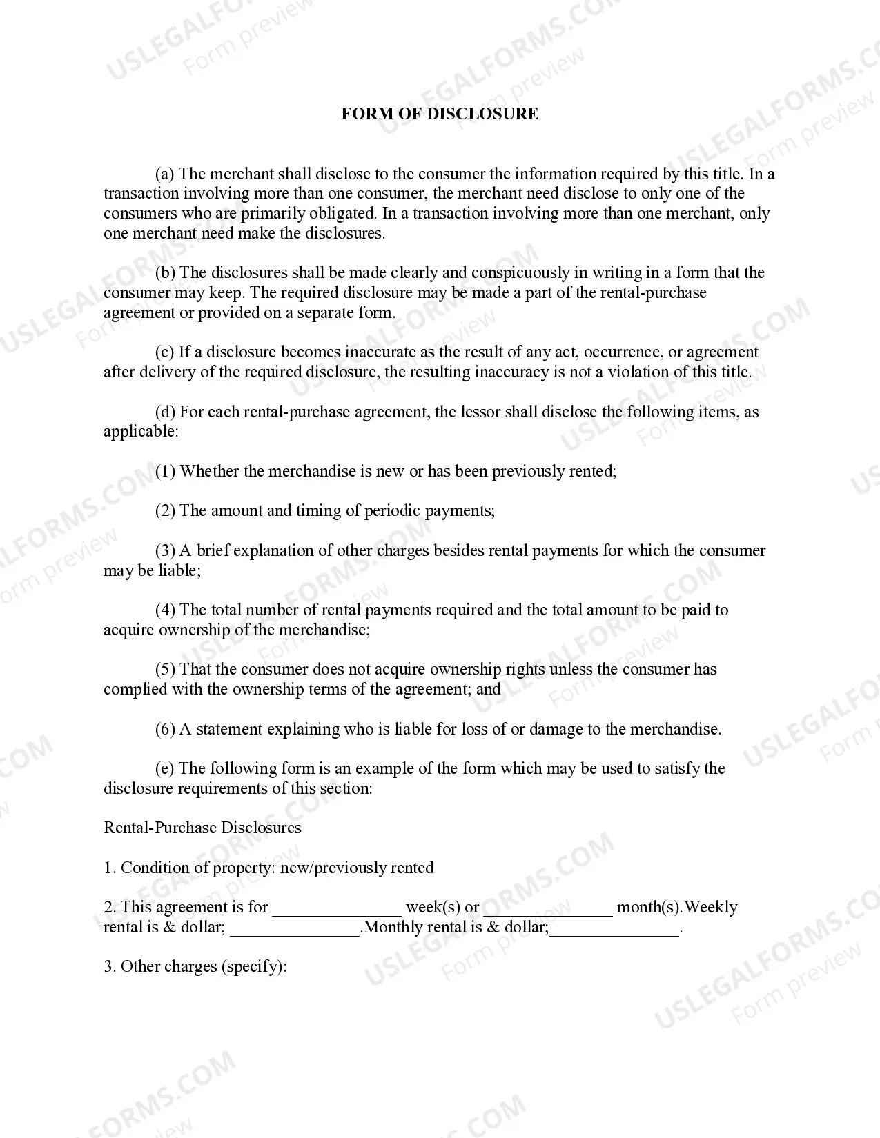 Alabama Disclosures By Merchant To Consumer Rental Personal 