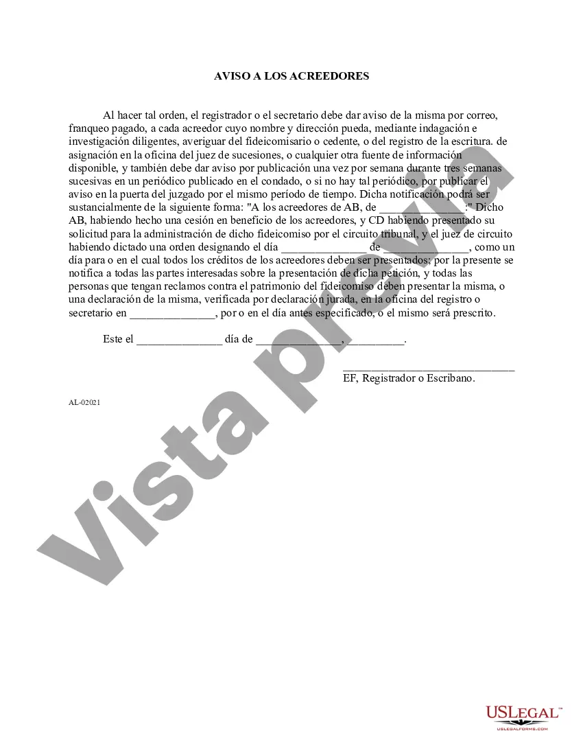 Preview Aviso a los acreedores en relación con la cesión para los acreedores de beneficios