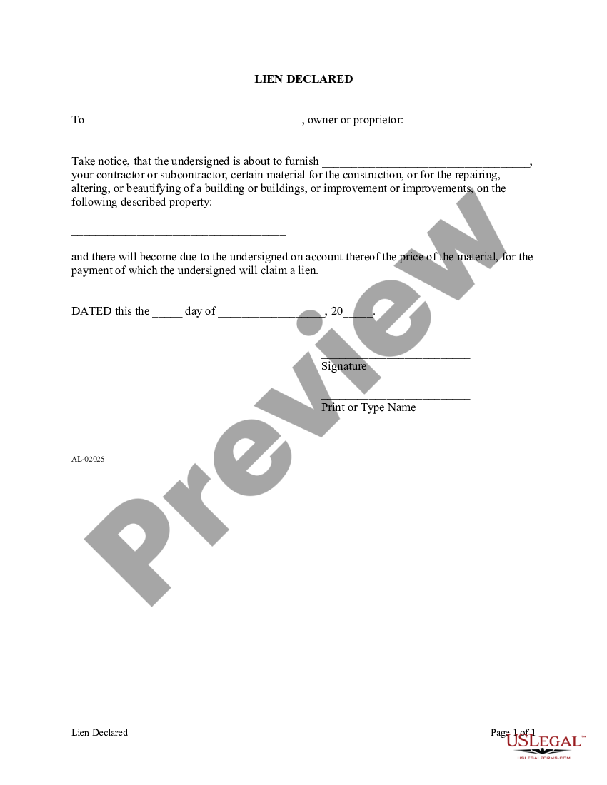 form Notice to Owner of Materials supplied to Contractor and lien notice preview