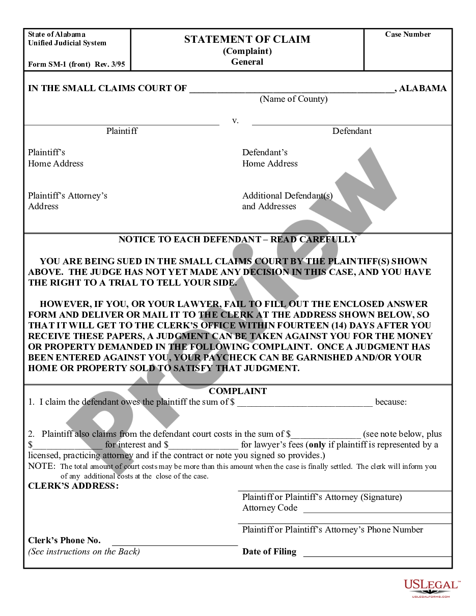 page 0 Plaintiff's Statement of Claim - Complaint - Against Defendant - General preview