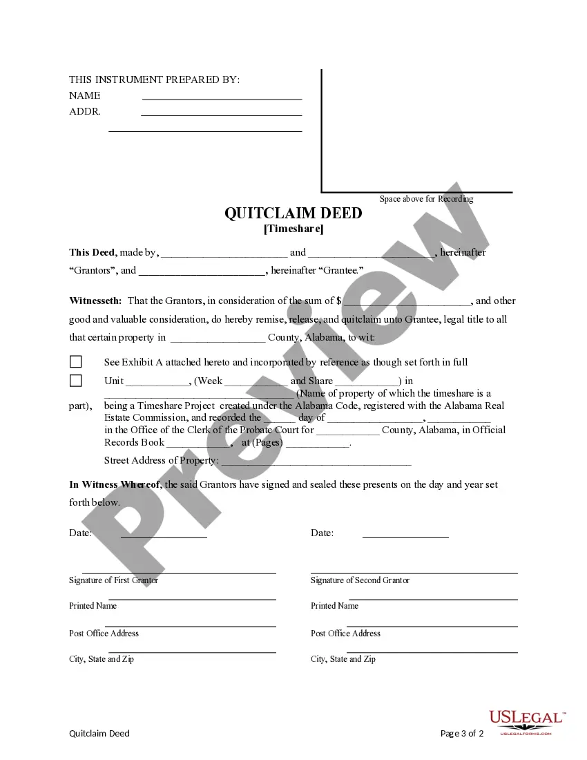 Get Quitclaim Deed for a Timeshare - Two Individuals to One Individual Preview Quitclaim Deed for a Timeshare - Two Individuals to One Individual