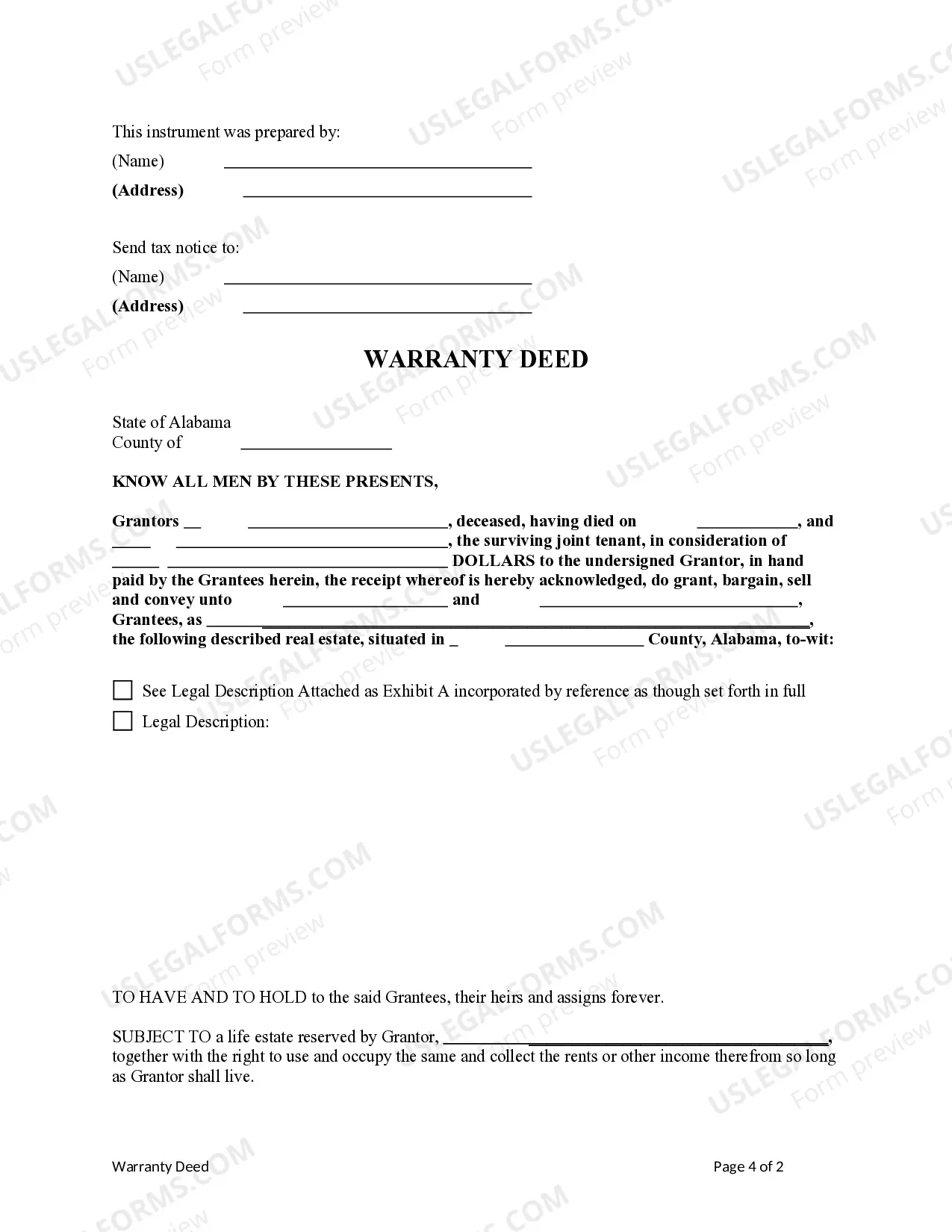 Preview Warranty Deed from two individual Grantors, one being deceased, to two individuals with reserved Life Estate in surviving Grantor.