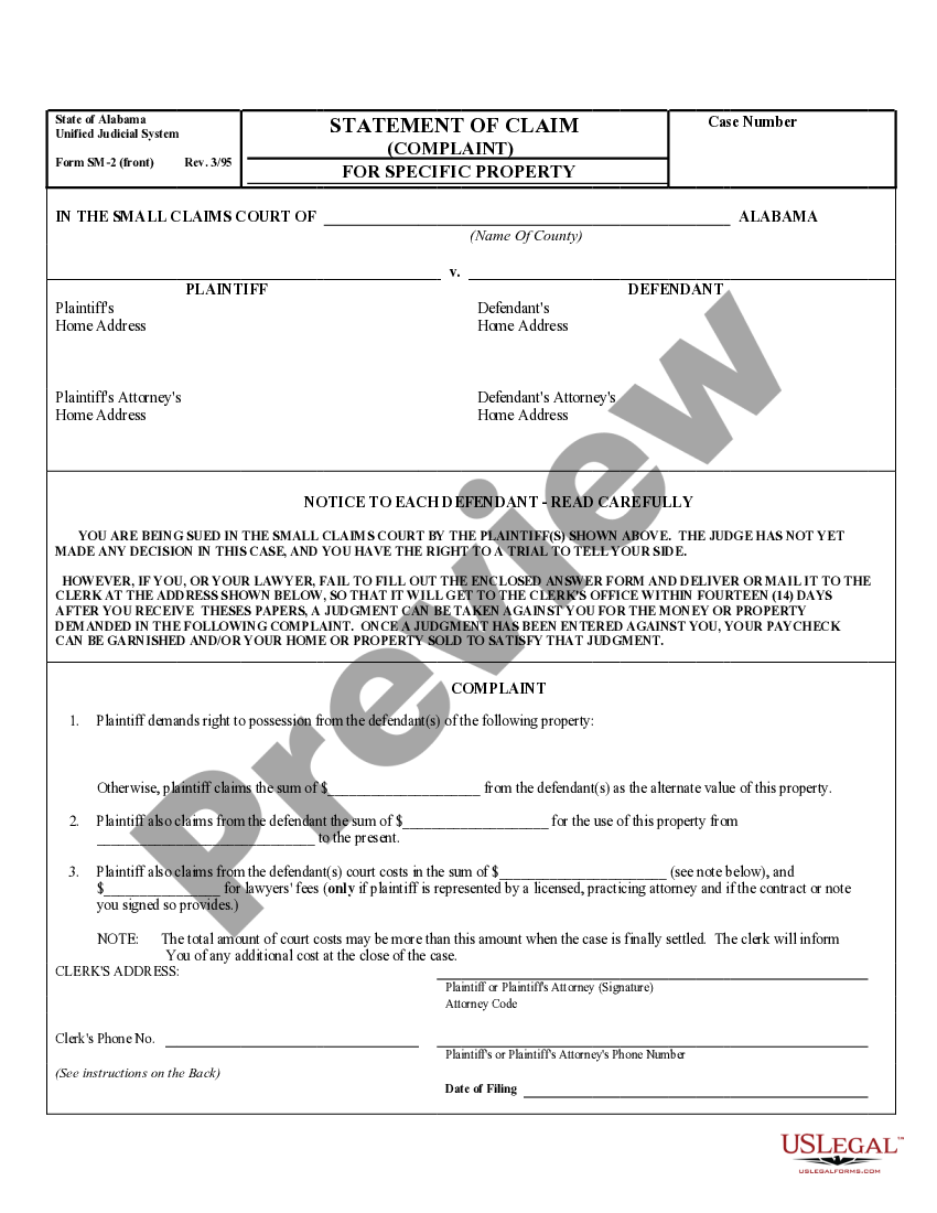 Alabama Plaintiff's Statement of Claim for Specific Property - Abama