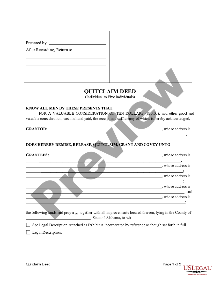 Alabama Quitclaim Deed From An Individual To Five Individuals Us Legal Forms 7583