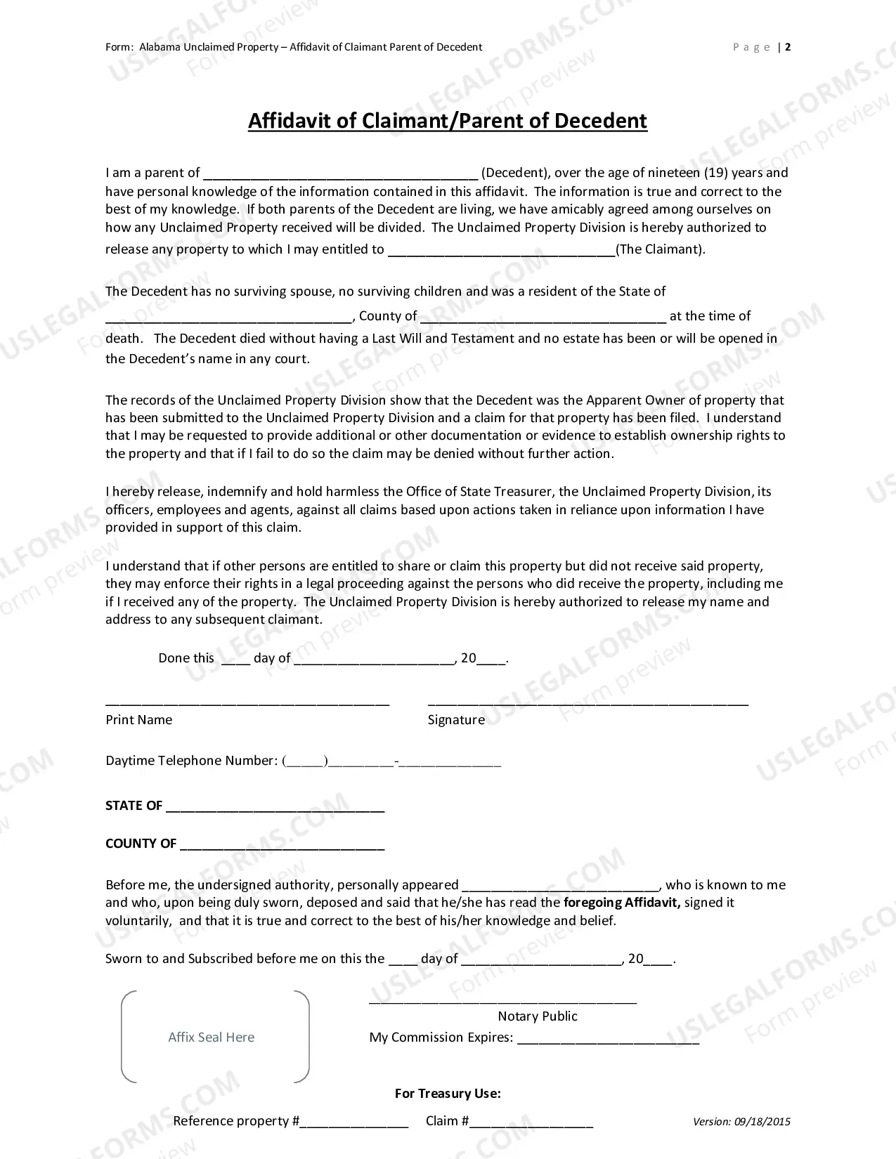 Preview Affidavit of Claimant - Parent of Decedent