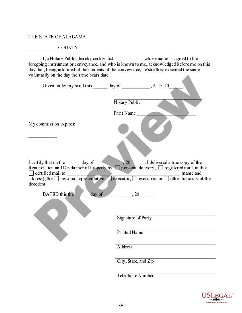 Preview Alabama Renunciation and Disclaimer of Property received by Intestate Succession