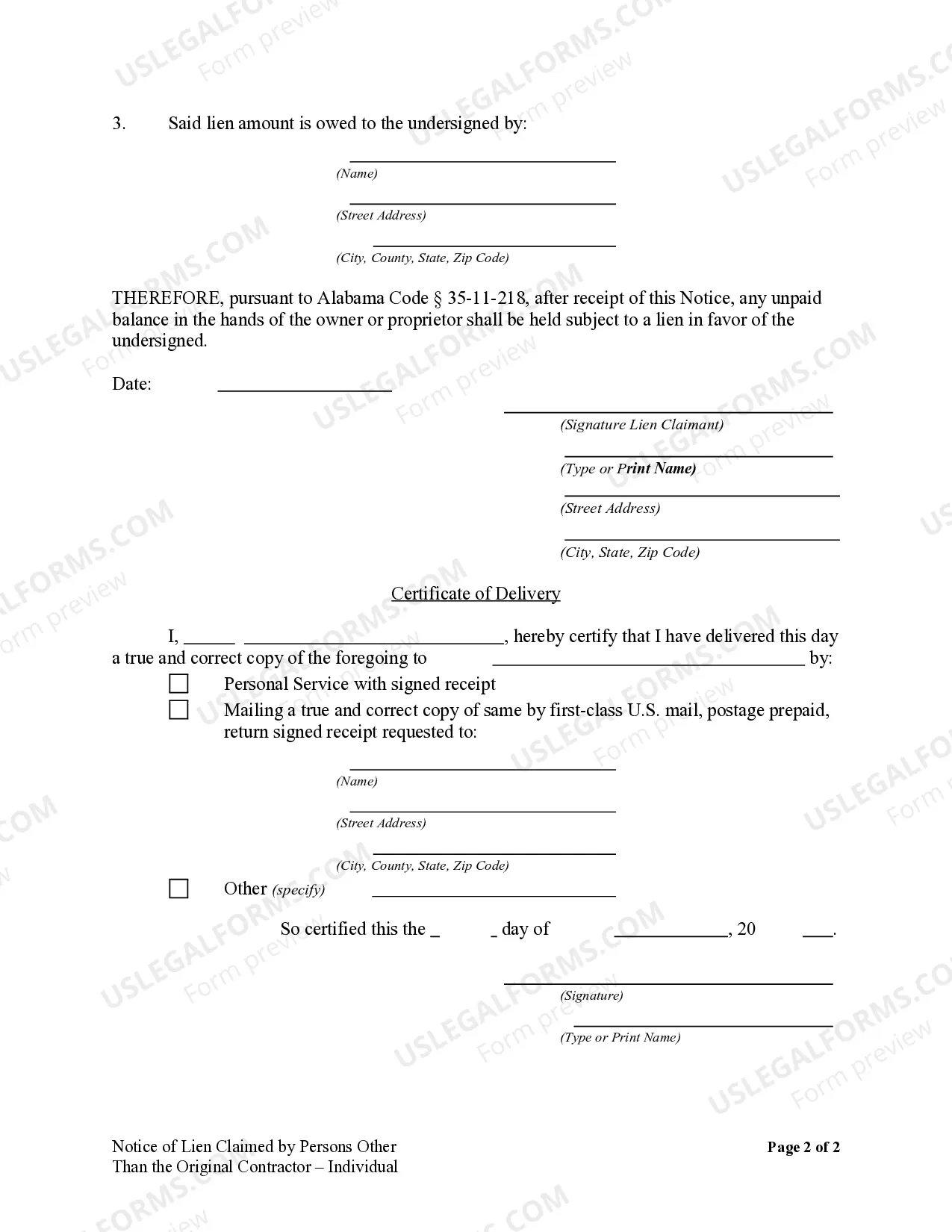 Preview Notice of Claim of Lien by Party Other than Original Contractor - Individual