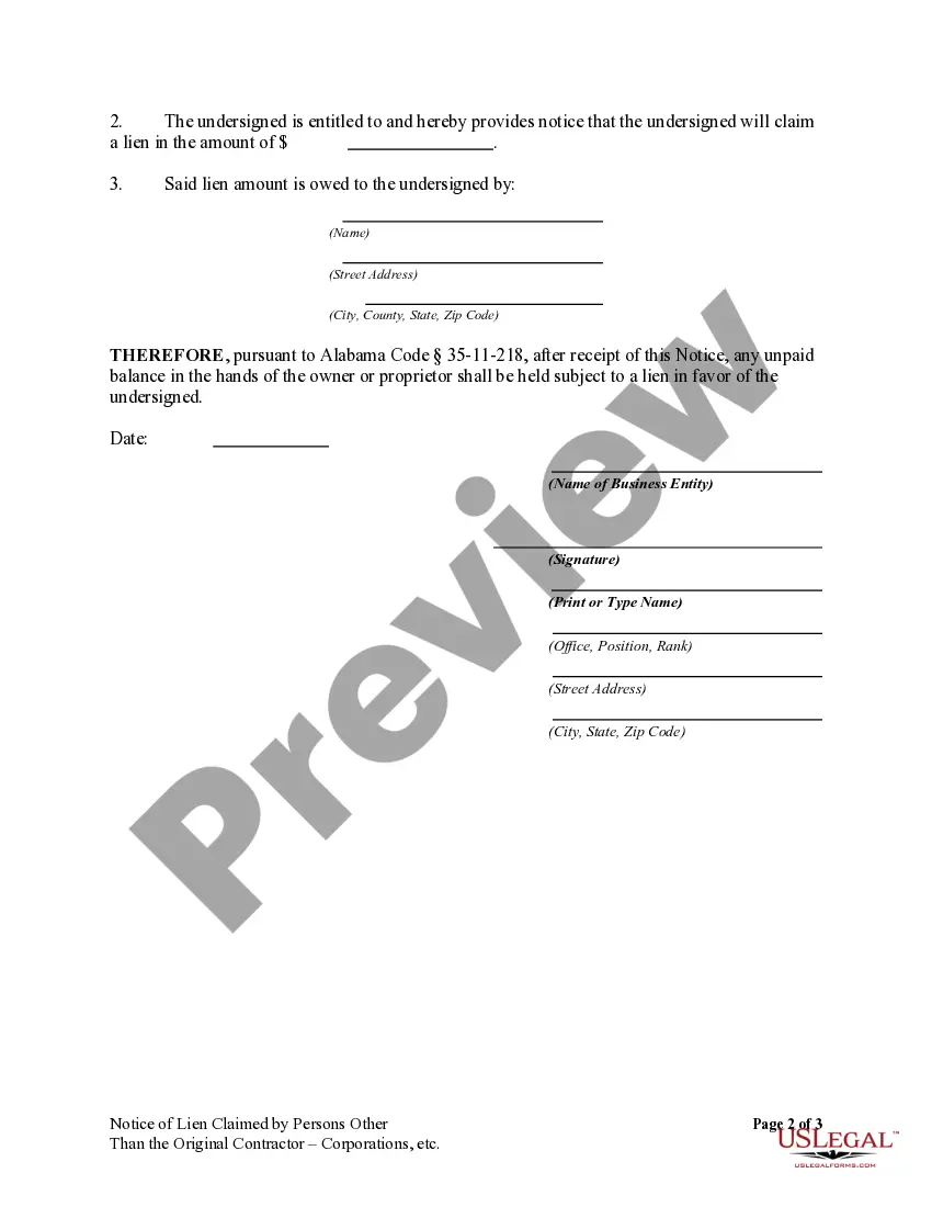 Preview Notice of Claim of Lien by Party Other than Original Contractor by Corporation